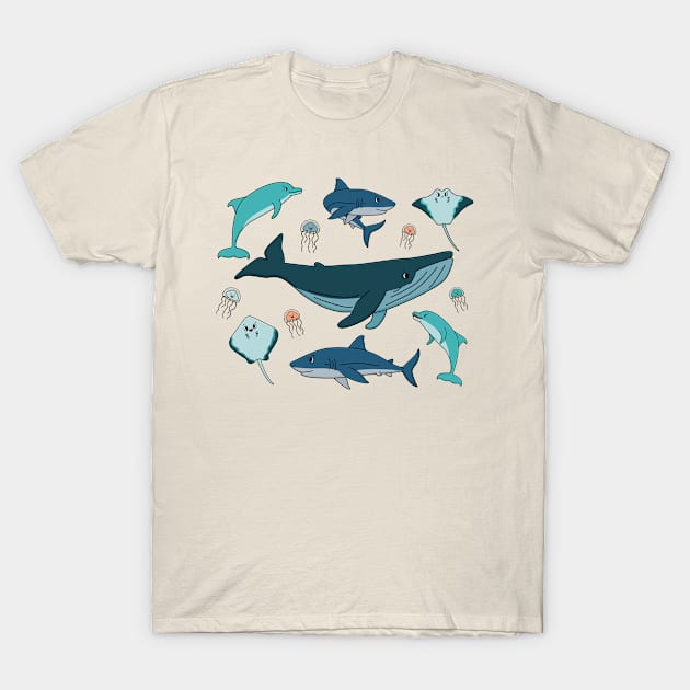 cartoon ocean and sea happy animals. Whale, dolphin, shark, stingray of two types, jellyfish T-Shirt by essskina